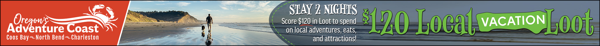 man on beach with his dog and $120 Local Vacation Loot Promotion