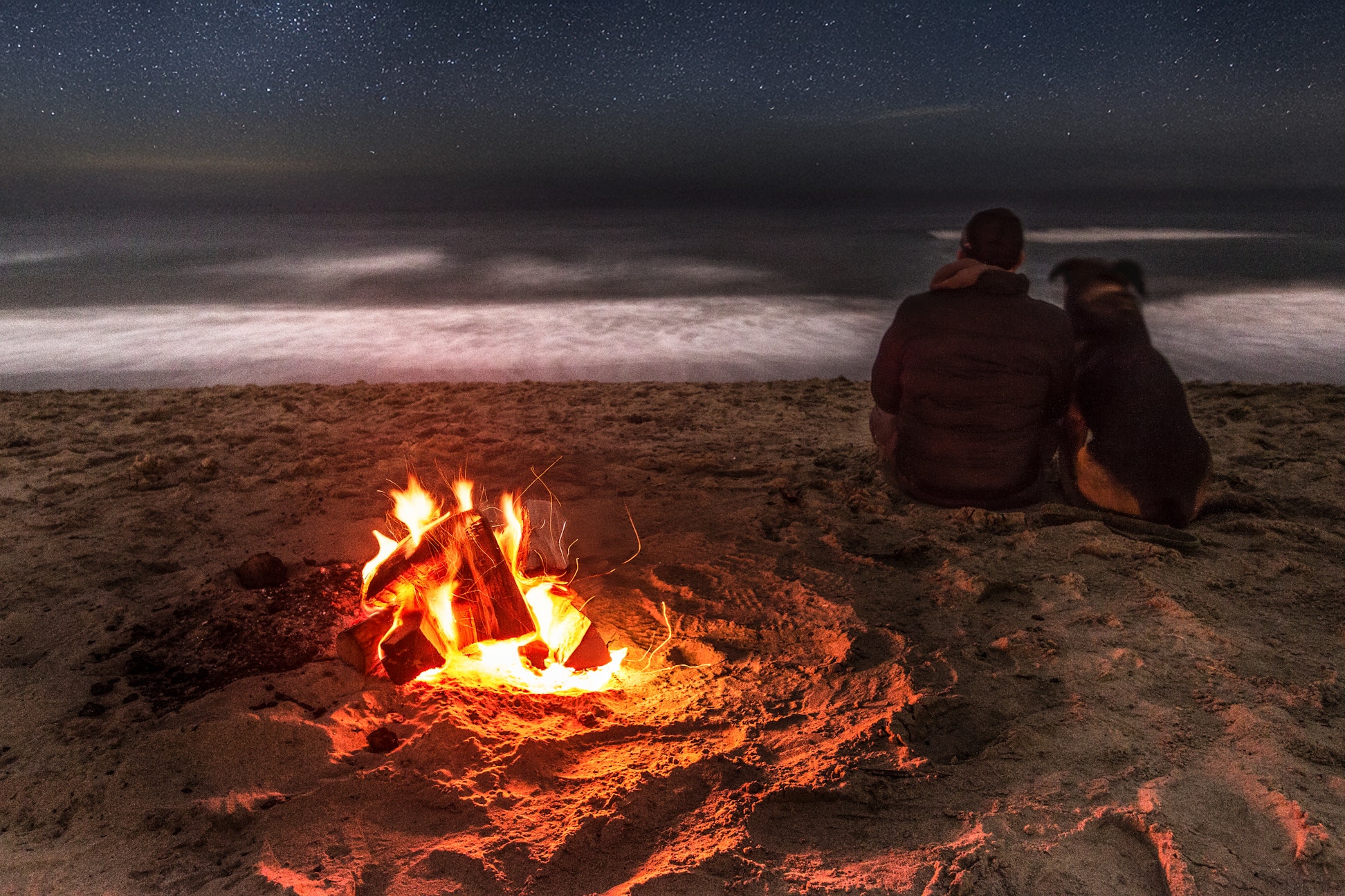 A person and a dog sit side by side on a sandy beach at night, facing the ocean. A glowing campfire burns in the sand in the foreground, casting warm orange light across the scene. Low clouds hover over the water, and a star-filled sky stretches above. The overall mood is peaceful and contemplative.