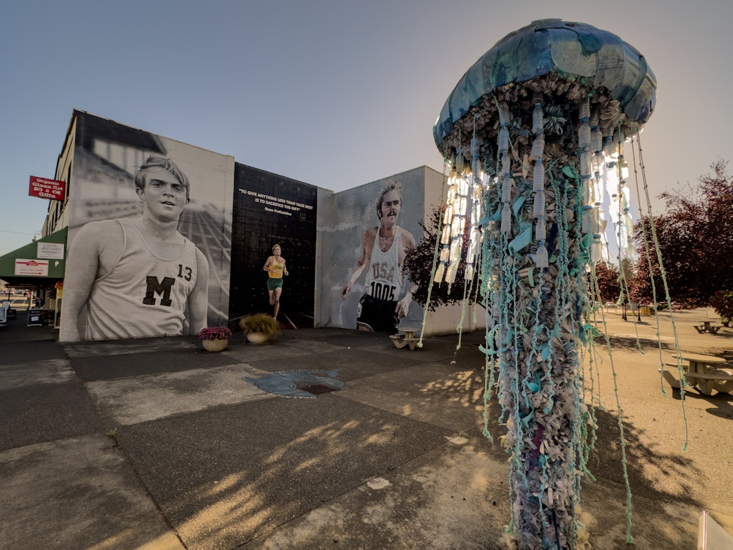 Plastic bottle jellyfish sculpture by Washed Ashore displayed outdoors in downtown Coos Bay, with the Steve Prefontaine memorial mural visible on the building walls in the background. Plastic bottle jellyfish sculpture by Washed Ashore displayed outdoors in downtown Coos Bay, with the Steve Prefontaine memorial mural visible on the building walls in the background.
