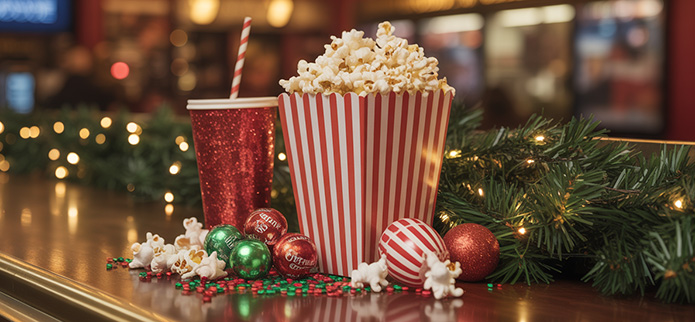 striped box of popcorn on a shiny counter with christmas decorations