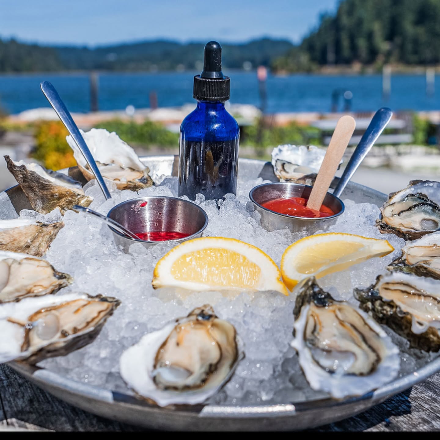 Image courtesy of Clausen Oysters Fresh raw oysters on ice arranged around lemon wedges and dipping sauces on a platter, with a scenic bay and forested shoreline in the background.