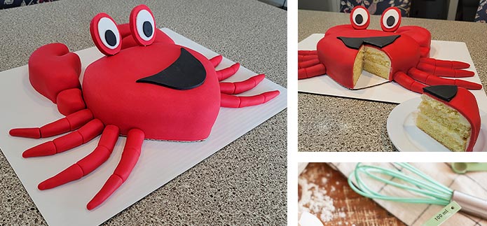 Claw-some Crab Cake Bake-Off Example cake in the shape of a red cartoon crab