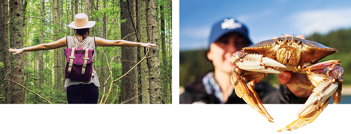 forest bathing - woman with outstretched arms and woman holding crab