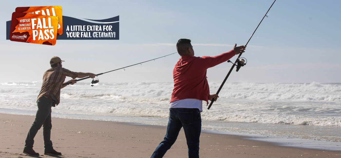 Two people casting fishing rods on a sandy beach, with Fall Pass promotional badge