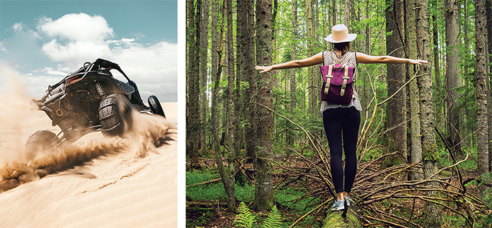 woman standing on log forest bathing and ATV in dunes