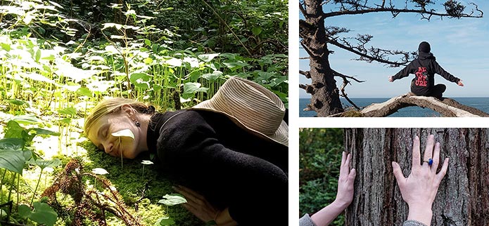 forest bathing, hands on tree bark and sitting arms stretched at ocean