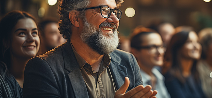 This image was AI generated. middle aged man sitting in theater smiling and applauding