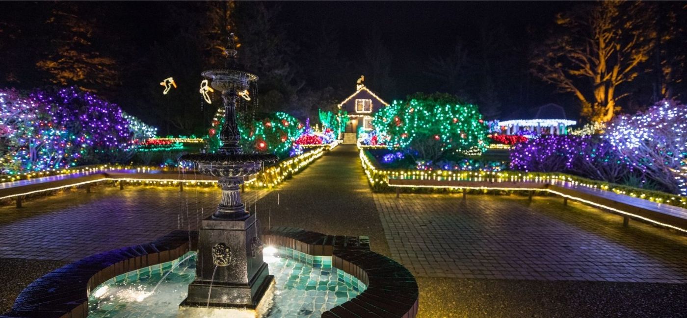 A tiled fountain sits in the foreground of the Shore Acres garden at night, with a path leading back to a small house outlined in lights. Shrubs along the path glow in green, purple, red and white holiday lights, lighted bird figures hover in the air, and a lit gazebo stands to the right.