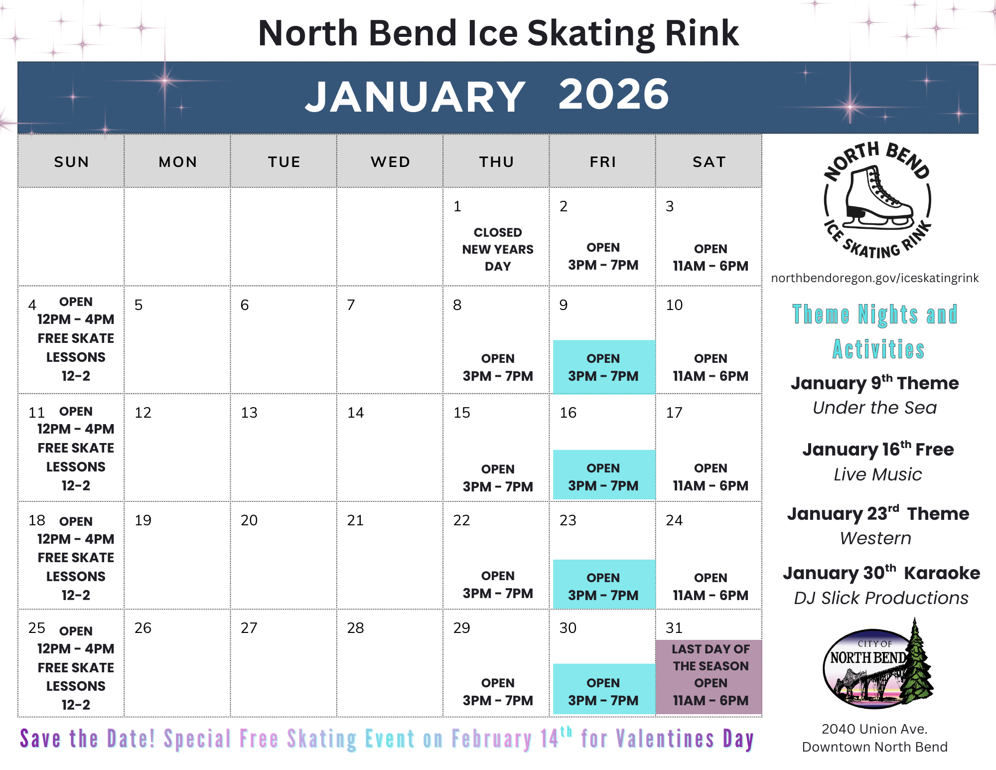 Calendar schedule of events at the North Bend Ice Rink