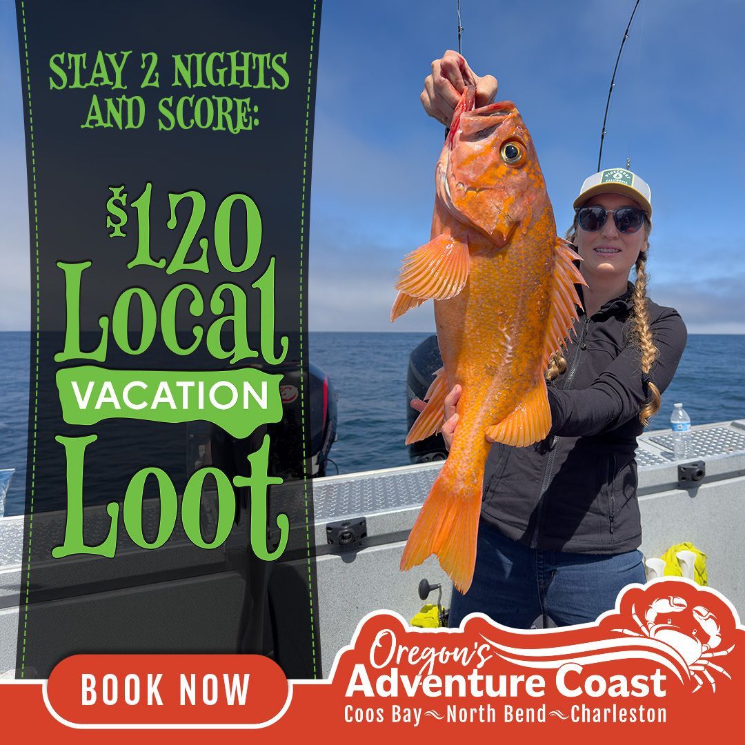 Person holding a large orange rockfish on a fishing boat off the Oregon Coast, promoting the Local Vacation Loot offer. Text on image reads “Stay 2 Nights and Score $120 Local Vacation Loot” with Oregon’s Adventure Coast branding and a Book Now call to action.