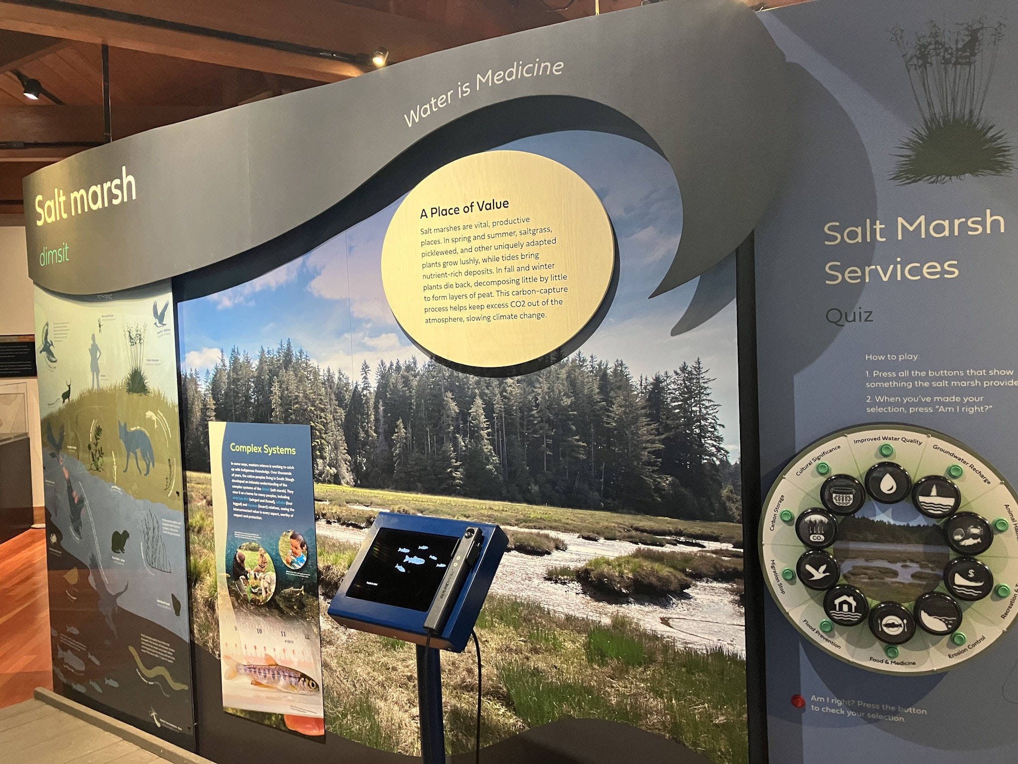 Interactive salt marsh exhibit display with informational panels and a push-button quiz on salt marsh services