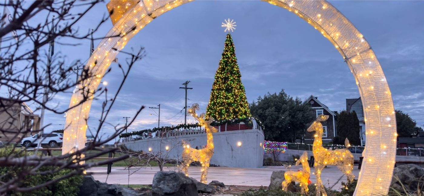 A tall Christmas tree covered in green and gold lights with a star on top stands at dusk, framed by a glowing archway of warm white lights. Lighted reindeer figures stand on the plaza in front of the tree, with bare branches in the foreground.