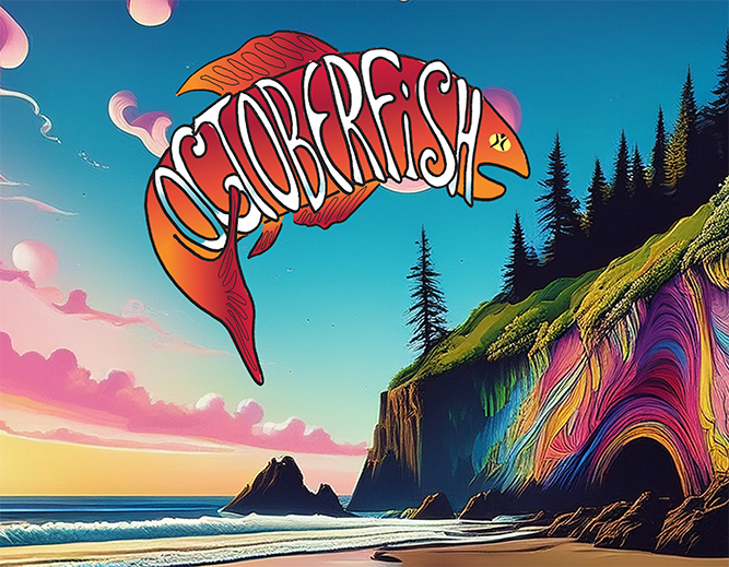 Orange graphic fish arching over a psychedelic cove and ocean.