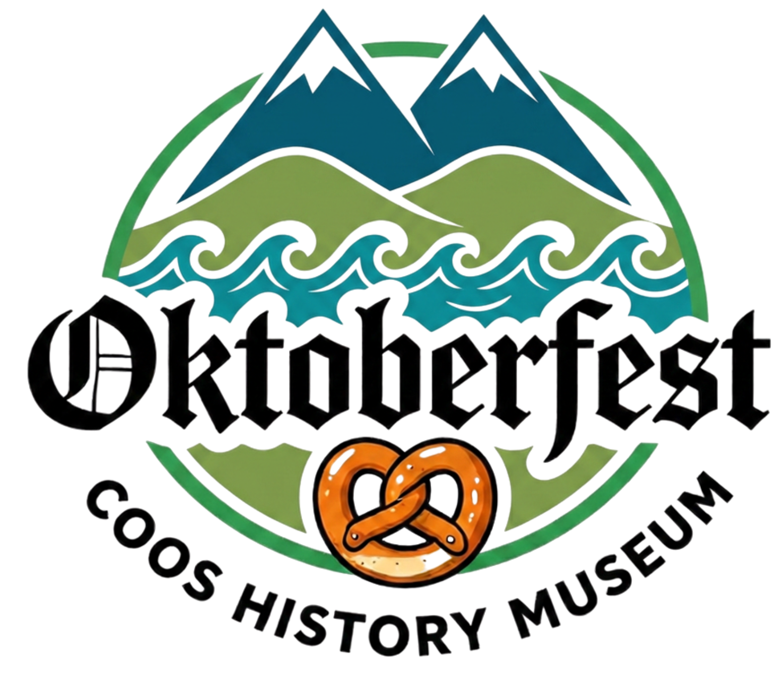 Oktoberfest logo for the Coos History Museum, featuring stylized mountains, ocean waves, and a pretzel within a circular badge.