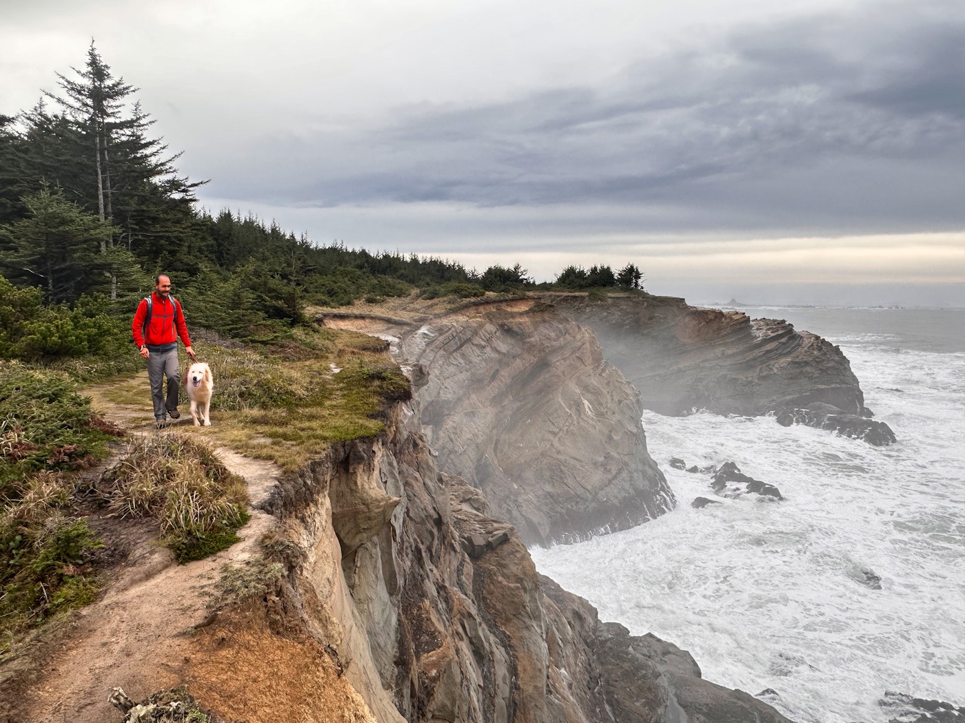 Hiker in a red jacket walking a large white dog along a rugged clifftop trail above crashing Pacific Ocean waves.