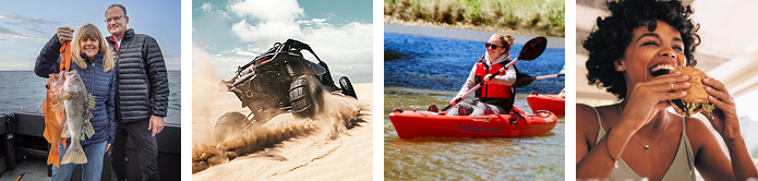fishing, ATV in Dunes, Kayaking and Woman eating a burger