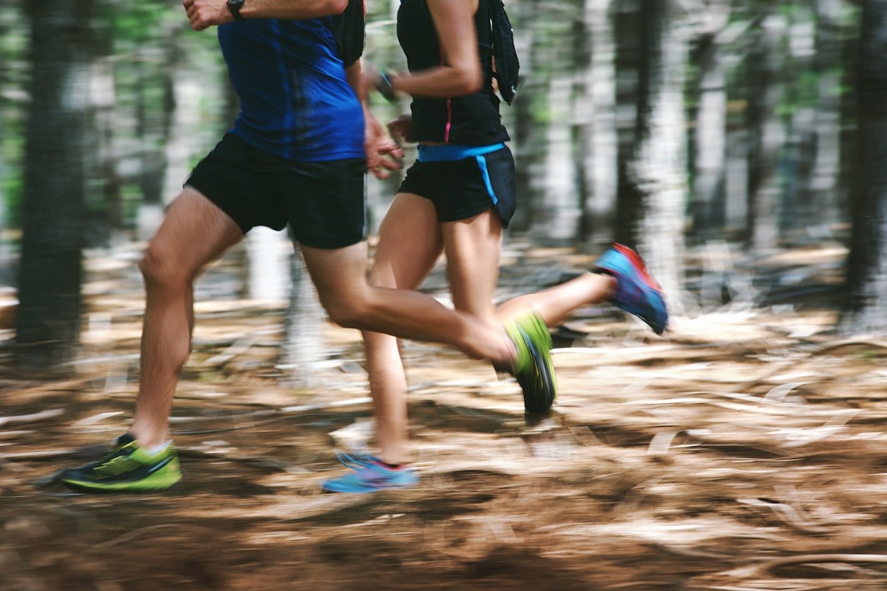 Two runners move quickly along a forest trail, their legs in motion as sunlight filters through trees and the background blurs with speed.