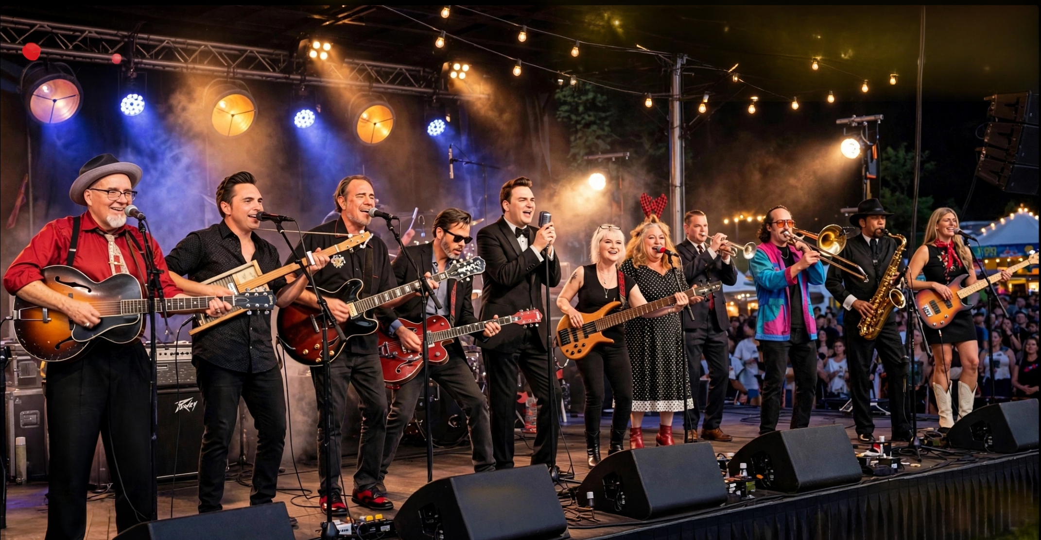 South Coast Clambake brings together top musicians every March. A multi-piece rockabilly-swing band performs on an outdoor stage at night, with singers, guitarists, a horn section, and a bassist in coordinated black and red stage outfits, backed by string lights and a crowd of festival-goers.
