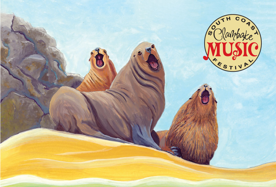 Even the Seals & Sea Lions like to jump, jive & boogy! Artists drawing of three seals & sea lions on a soft sandy beach.