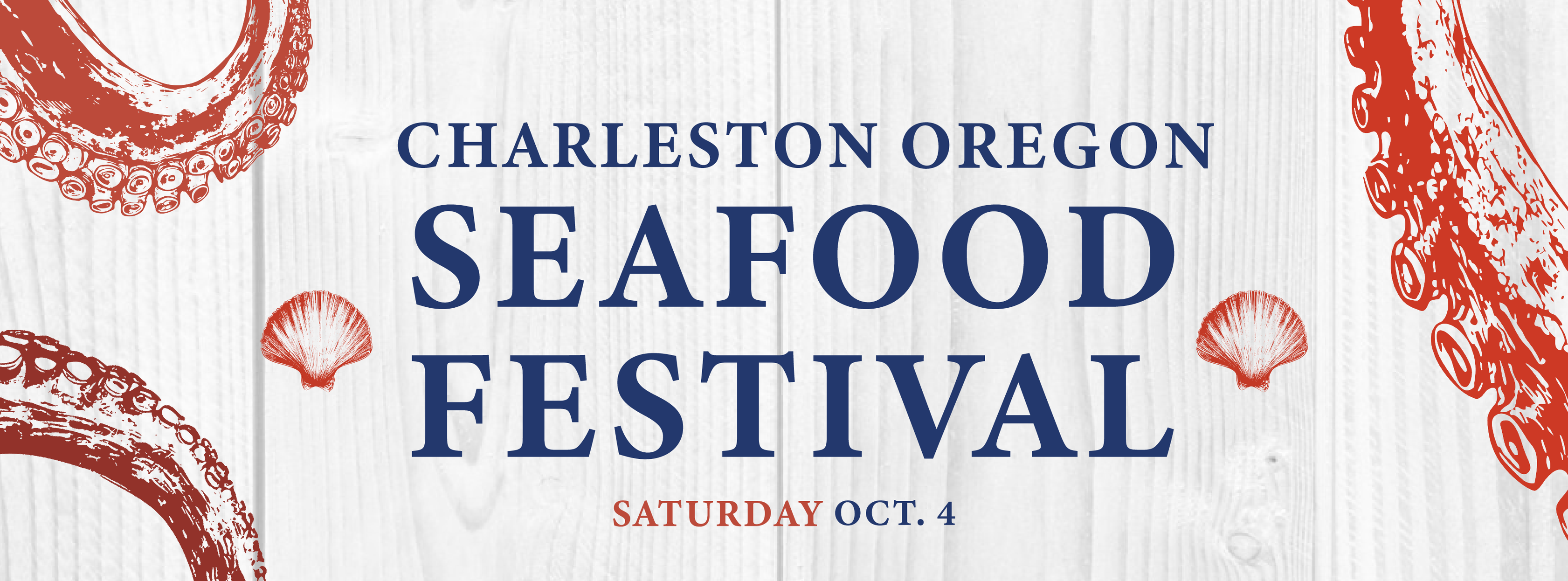 Grey wood background with graphics of shells and octopi with the Seafood Festival data