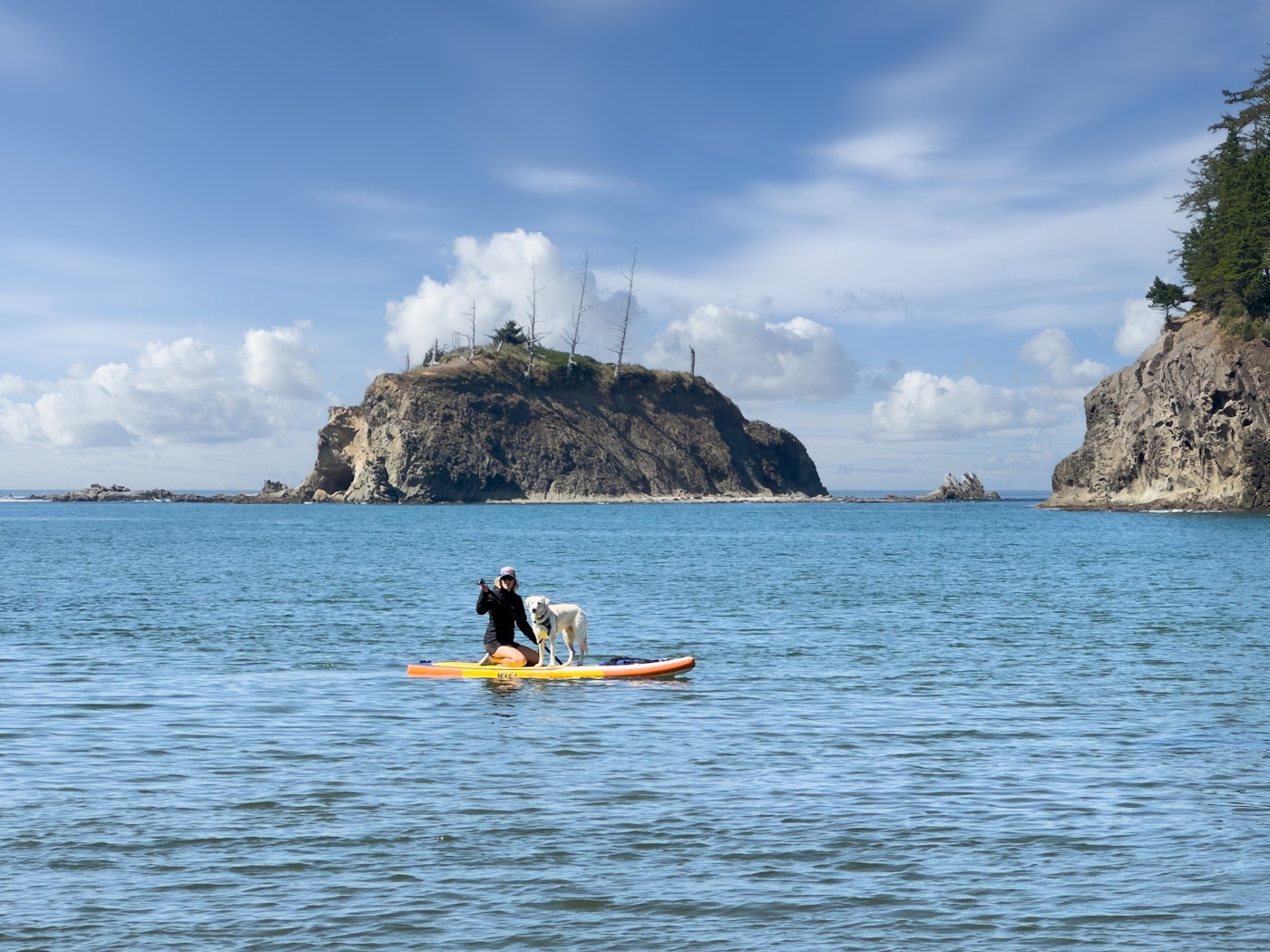 A woman and her white dog stand on an orange paddleboard on calm blue water, with a rocky tree-topped island in the background at Sunset Bay, Oregon.