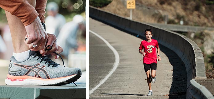 tying running shoe and boy in red shirt running in the sun on a bridge in Coos Bay