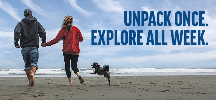 Couple with dog, running on beach toward the ocean