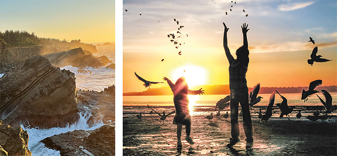 rocky pacific ocean cliffs at sunset and mother daughter silhouette at beach sunset with seagulls