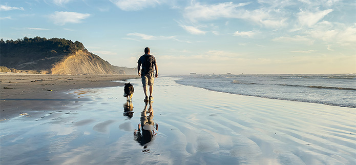 man on beach with dog and mirrored reflection on water